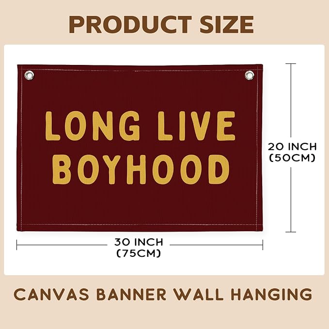 Long Live Boyhood Linen Banner – Boys Room Wall Hanging, Playroom & Nursery Decor, Toddler Room Flag, Aesthetic Boys Bedroom Sign – Burgundy & Mustard Yellow