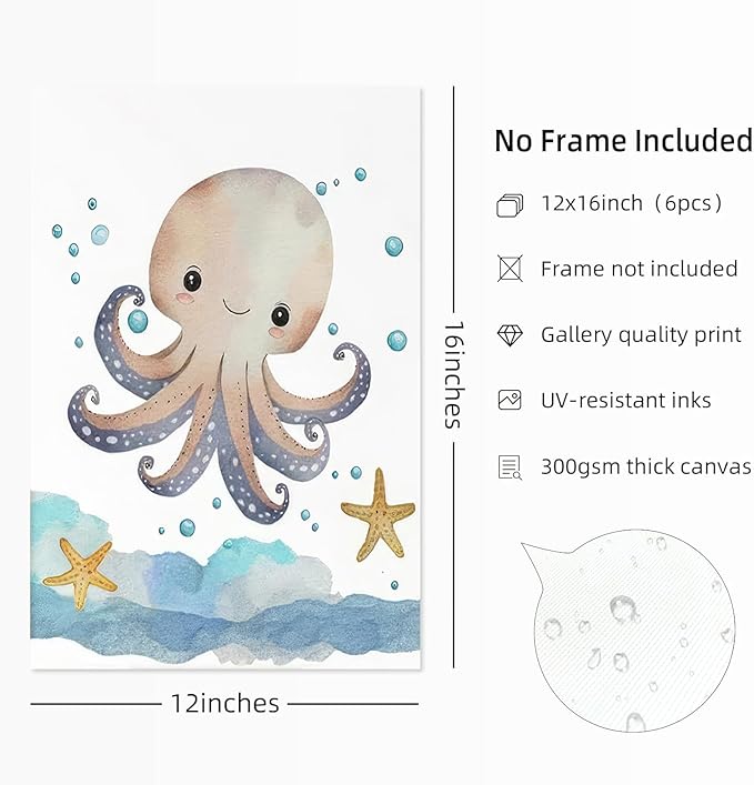 Wodkwq Nursery Wall Art Sea Animal Canvas Prints Baby Girl Boy Room Decor Watercolor Paintings Pictures Cute Ocean Theme Toddler Room Decoration Set of 6 for Kids Bedroom Bathroom 12x16in Unframed