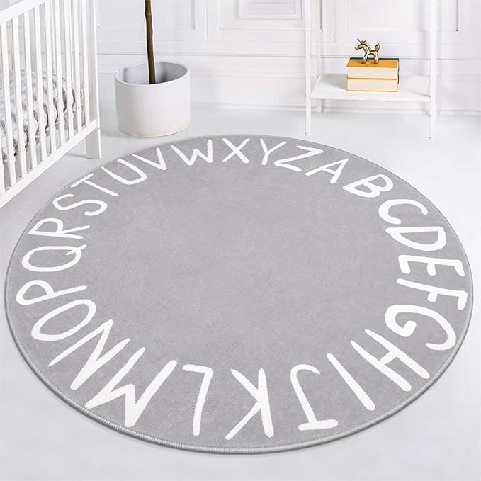 LIVEBOX ABC Play Room Round Rug for Kids Bedroom, Alphabet Area Rug Circle Washable Rug for Playroom Classroom Tent, Non-Slip Crawling Mat Circular Learning Carpet for Teen Boys and Girls (59",Grey)