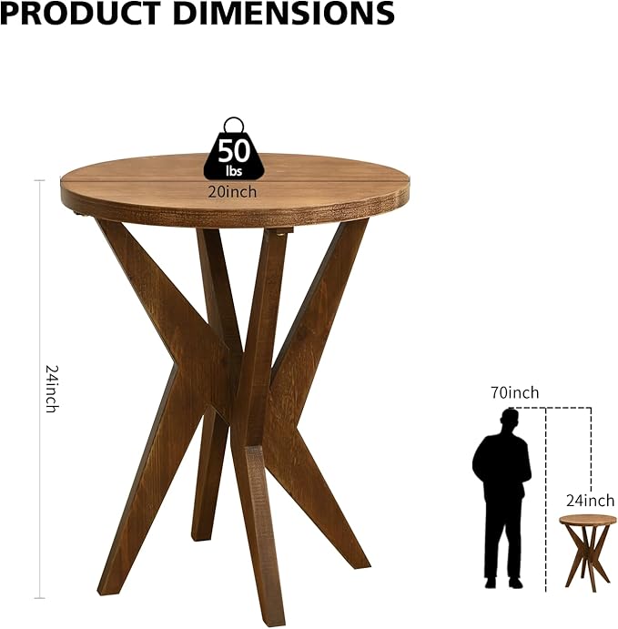 Farmhouse Round End Table with MDF Top and Crossed Legs, Boho Side Table Mid Century Modern Small Accent Table for Small Space Stable Nightstand for Living Room, Natural Wood