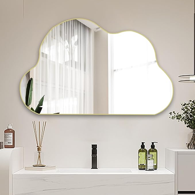 POZINO Gold Irregular Mirror, 33.5"x20.5" Cloud Shaped Mirrors, Asymmetrical Wall Mirror, Abstract Funky Frameless Mirrors for Living Room Bathroom Bedroom Entryway Fireplace