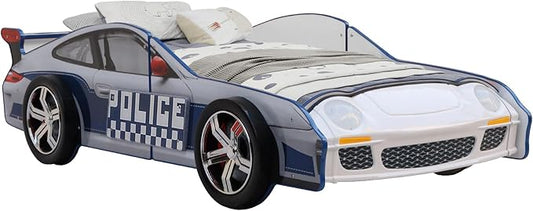 LKTART Twin Size Car Bed for Kids, Police Car-Shaped Wooden Platform Bed Frame with LED Lights, Headboard Wheels and Support Slats for Boys Toddlers Child's Bedroom (Blue)