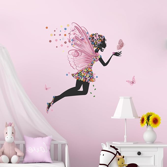 Supzone Butterfly Girl Wall Stickers - Flowers Fairy Wall Decal Removable Vinyl Art Stickers for Girls Baby Nursery Kids Bedroom Living Room Bathroom Decor Mural