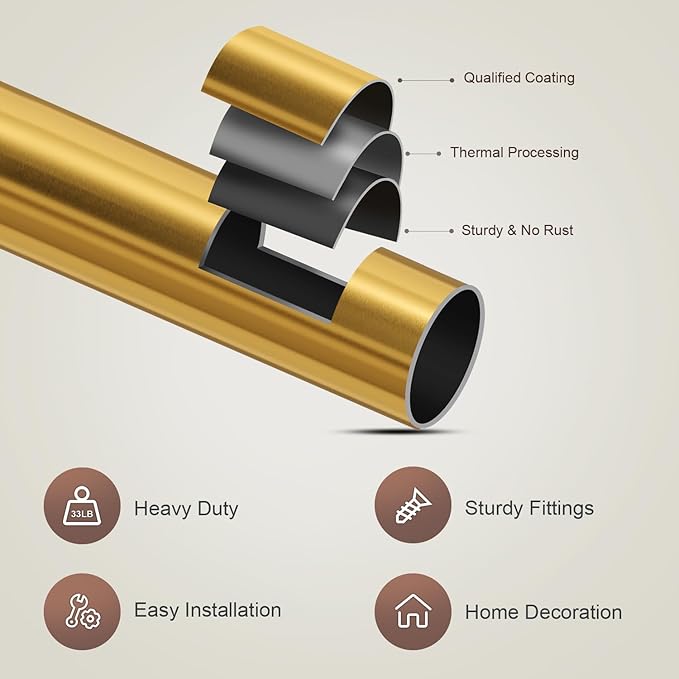 Gold Curtain Rods for Windows 28 to 48 Adjustable Modern Curtain Rod 1 inch Diameter Heavy Duty with Solid Metal Finials for Living Room Bedroom Farmhouse Outdoor Patio