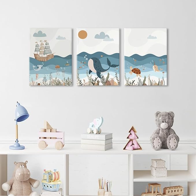 LYPHNX Framed Blue Ocean Nautical Nursery Canvas Wall Art Sea Turtle Whale Animal Painting Picture Set of 3 Kids Prints Poster Wall Decor for Baby Boys Girl Children's Room Bedroom Bathroom 12"x16"