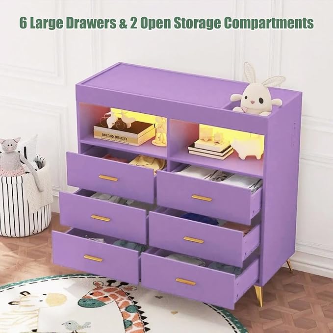 Dresser for Bedroom with LED Lights and Power Outlet, Baby Changing Table Dresser with 6 Drawers, 2 Open Storage Shelves, Baby Diaper Station with Changing Table Top (Purple)