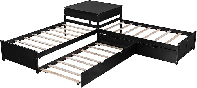 Harper & Bright Designs L-Shaped Platform Bed Frame with Trundle and Drawers Linked with Built-in Desk for Kids Boys Girls, Twin, Espresso