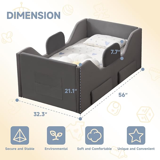 Toddler Bed Frame with 2 Drawer and Storage Bag, Kids Bed with Removable Safety Rails, Standard Crib Size Portable Beds, Safety Upholstered Child Beds for 1-6 Years Old
