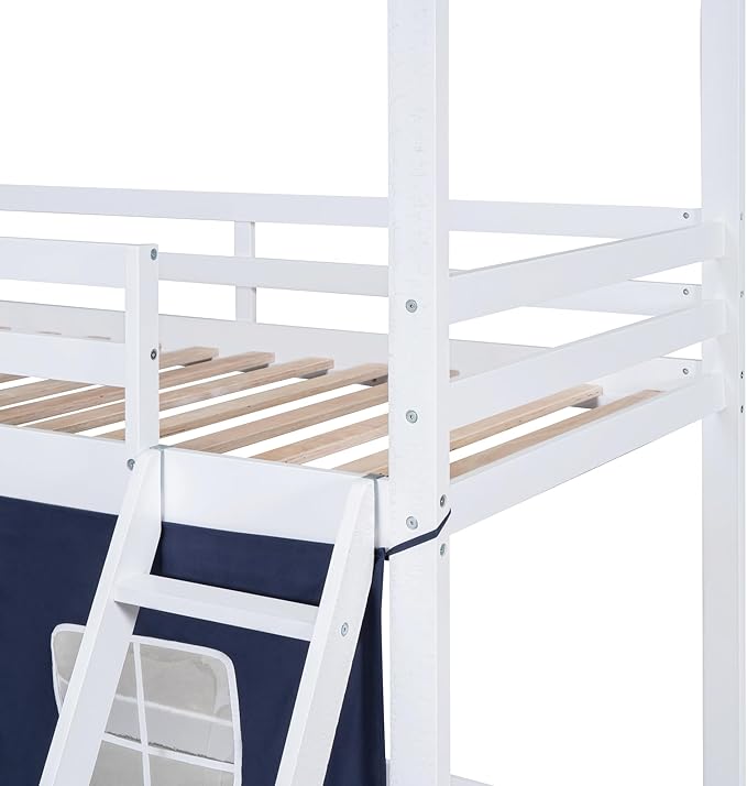 MERITLINE Twin Over Twin Princess Castle Bunk Bed with Tent,Ladders and Guardrail, Solid Wood Playhouse House Floor Bunk Bed with Windows and Roof (Blue & White)