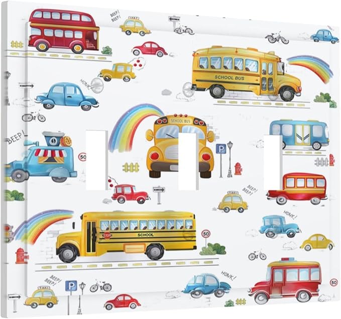 Kids Bus Taxi Truck 3 Gang Light Switch Covers Triple Toggle Wall Plate Decorative Switchplate Electrical Faceplate for Nursery Kidsroom Bedroom Decor
