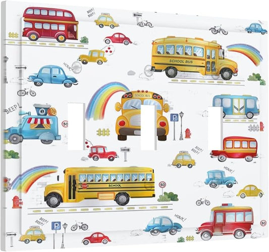 Kids Bus Taxi Truck 3 Gang Light Switch Covers Triple Toggle Wall Plate Decorative Switchplate Electrical Faceplate for Nursery Kidsroom Bedroom Decor
