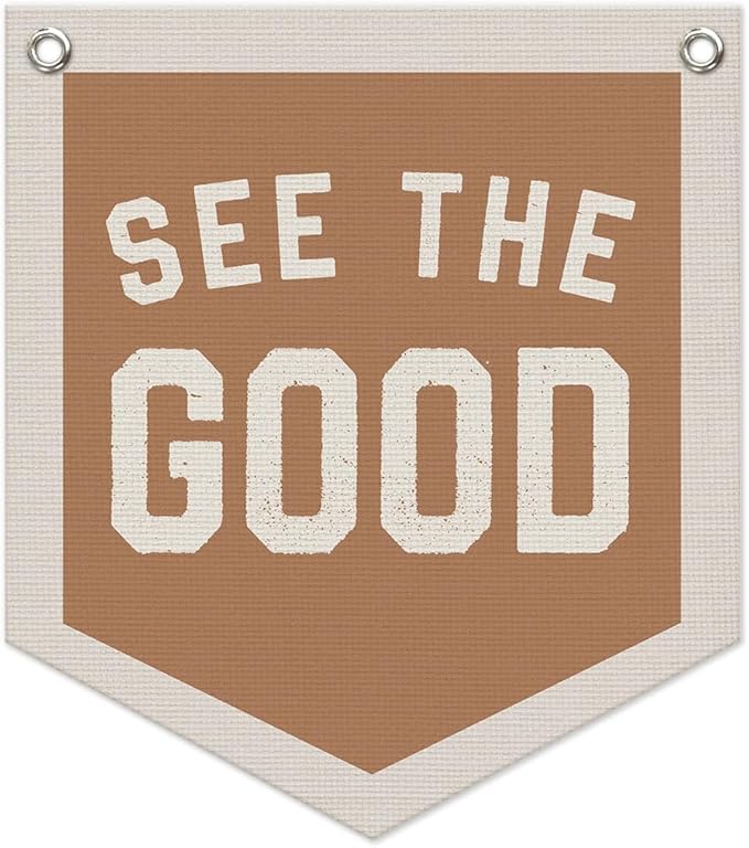 See The Good Banner – Boho Vintage Linen Pennant, Inspirational Wall Hanging Flag for Accent Decor, 12.4x14 in