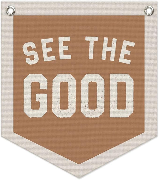 See The Good Banner – Boho Vintage Linen Pennant, Inspirational Wall Hanging Flag for Accent Decor, 12.4x14 in