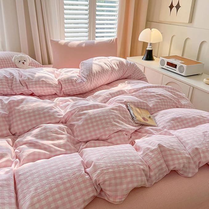 Nayoroom Pink Gingham Comforter Set Full Size Plaid Checkered Comforter 3 Pcs Soft Lightweight Grid Farmhouse Dorm Bedding Set for All Seasons (1 Comforter, 2 Pillowcases)