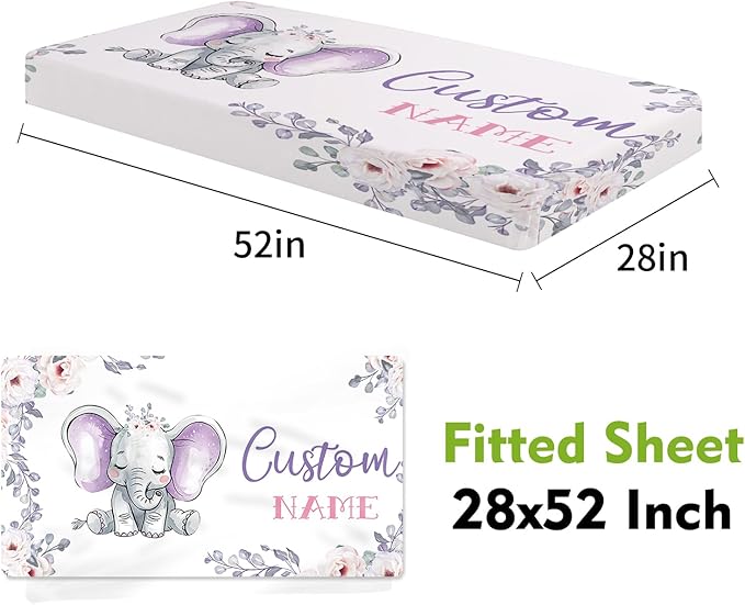 Personalized Crib Bedding Set for Boys Girls, Custom Baby Crib Sets with Name, Light Purple Elephant Design Nursery Bedding 2 Piece - Soft Blanket with Double Layer Dotted Backing, Crib Fitted Sheet