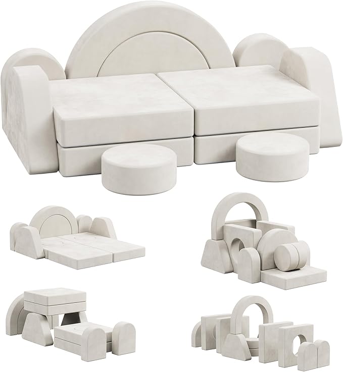 12 PCS Modular Kids Play Block Couch Child Sectional Soft Sofa Toddler Building Fortplay Climbing Bedroom Playroom Baby Convertible Floor Foam Cushion for Boys & Girls (Cream+Double Seat-1)