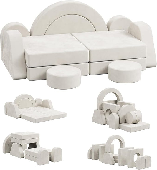 12 PCS Modular Kids Play Block Couch Child Sectional Soft Sofa Toddler Building Fortplay Climbing Bedroom Playroom Baby Convertible Floor Foam Cushion for Boys & Girls (Cream+Double Seat-1)