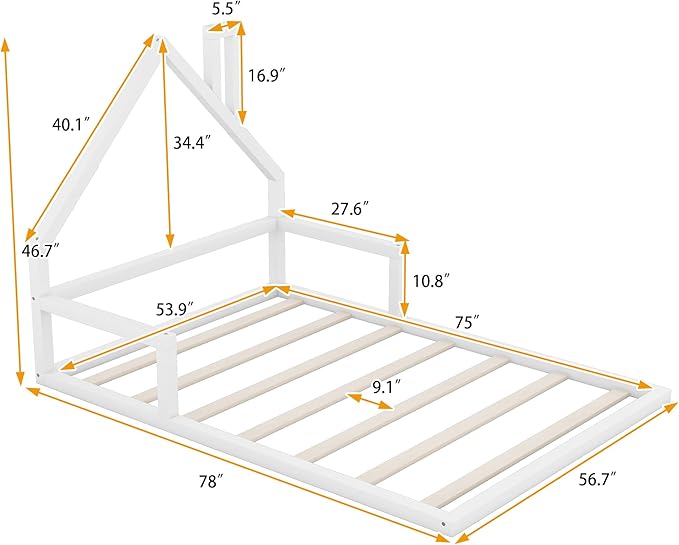 Full Size Wood Floor Bed with House-shaped Headboard and a Chimney,Bedroom Simple Modern Bed Frame W/ Playful Design & No Box Spring Required,for Kids Teens Girls Boys,White