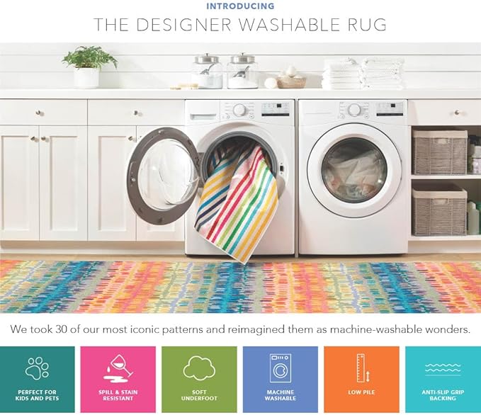 Dash & Albert Malta Blue Machine Washable Rug, 7.5 X 9.5 Feet, Grey Stripe Pattern