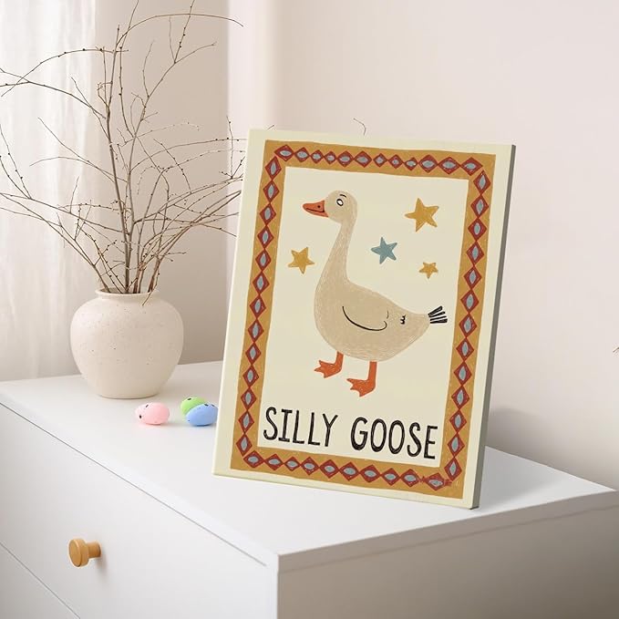 Vintage Silly Goose Wall Art Print, Cute Goose Poster Picture Artwork for Home Living Room Kids Room Nursery Wall Decor 8x10 Canvas Framed