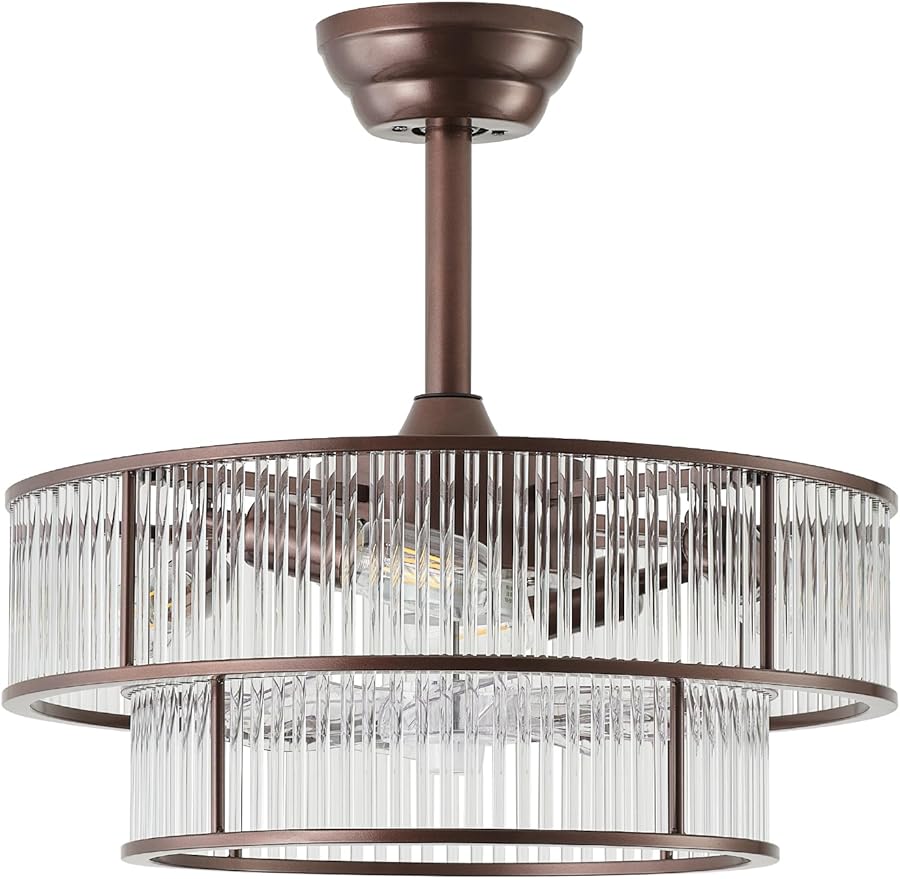 Brown Fandelier Ceiling Fans with Lights, 20" Brown Crystal Chandelier Ceiling Fan with Light Remote Control, Caged Mid Century with 6 Speeds for Bedroom, Living Room, Nursery