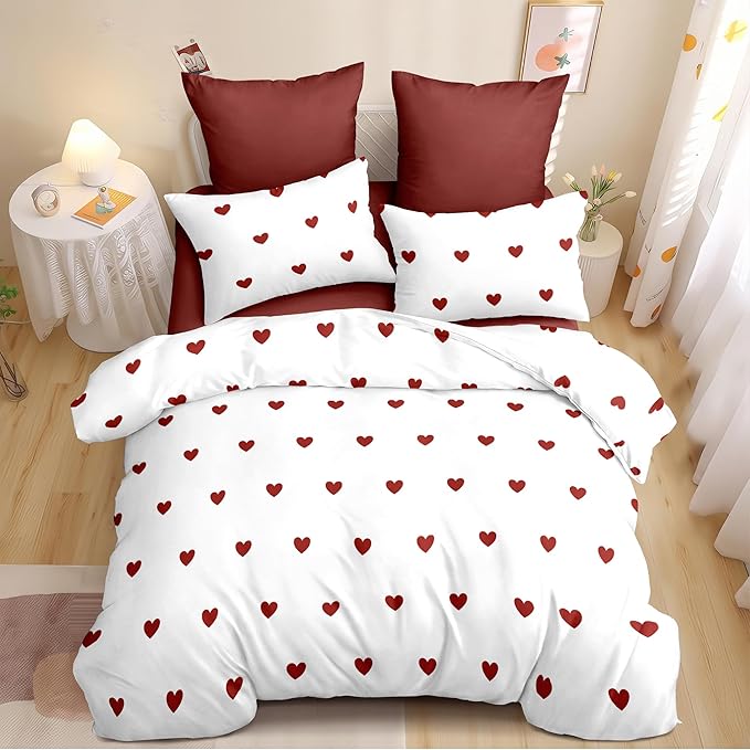 Red Duvet Cover Twin Size Heart Bedding Set Kids Boys Girls Cute Love Pattern Soft Breathable Reversible Fall Christmas Duvet Cover Set 2 Pieces with 1 Pillowcase
