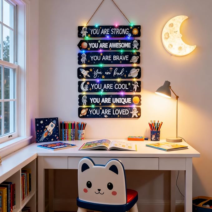 Cool Classic Space Astronaut Sign Nursery Wall Decor Set of 8, 16x5 Modern Motivational Cute Rocket Planets Plaque Wall Art for Baby Boy Kid Teen Toddlers, 4 PCS Wooden Gallery Quote Gift for Gameroom