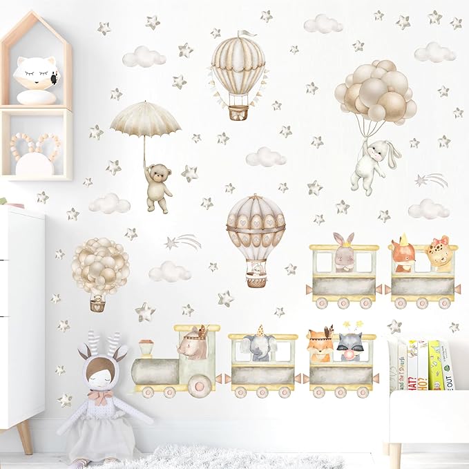 Train Animal Wall Decals Cartoon Hot Air Balloon Animal Wall Stickers Watercolor Star Cloud Decals Boho Nursery Decal Cute Animal Train Stickers for Kids Bedroom Baby Room Playroom Decor