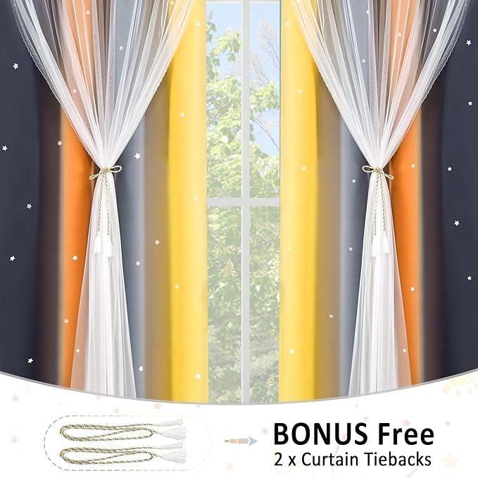 Kinryb Nursery/Kids/Girls Room Star Cut Out Blackout Rainbow Curtain with Sheer Overlay 2 Panels, Each 52 inch Wide,63 inch Length with White Gauze,Ombre Stripe Rainbow Curtains (2 Panels,52x63 Inch)