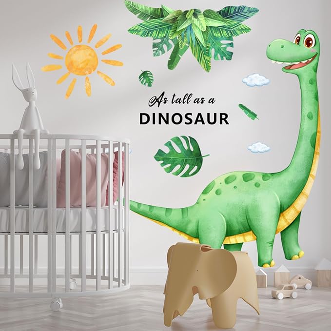 Large Dinosaur Wall Decals Removable Self-Adhesive Dino Mural with Palm Leaves Sun, Watercolor Kids Wall Stickers for Nursery Bedroom Playroom Boys Room Decor in Green and Yellow