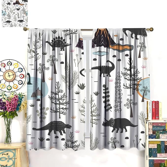 Funny Dinosaur Curtains Cute Dino Cartoon Animals Abstract Aesthetics Art Print for Kids Girls Boys Bedroom Living Room Rod Pocket Decoration Window Drapes 2 Panels W21xL63in