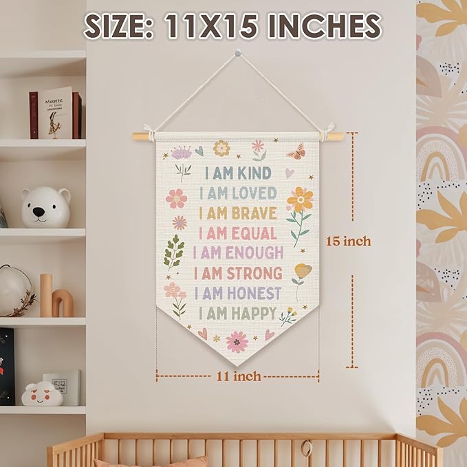 Wheatwin Positive Affirmations Wall Decor, Girl Nursery Decor, Pastel Floral Wall Hanging Pennant Flag Banner for Toddler Baby Girls Room Bedroom Dorm Playroom 15x11 Inch
