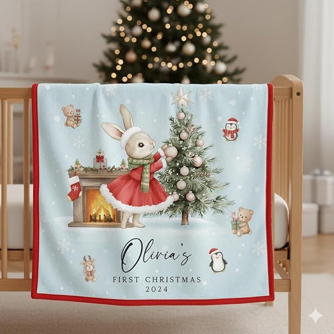 Personalized Baby's First Christmas Blanket, Custom Bunny Girl Baby Name Christmas Blanket, Soft Fleece Or Sherpa Throw, Baby Shower, Made in USA