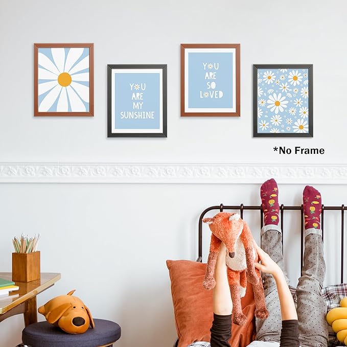 AEHIE Boho Blue Daisy Flower Decor Print, You Are My Sunshine Poster for Baby Girls Room Nursery, Bohemian Wall Art, Spring Aesthetic Floral Wall Art, 4pcs