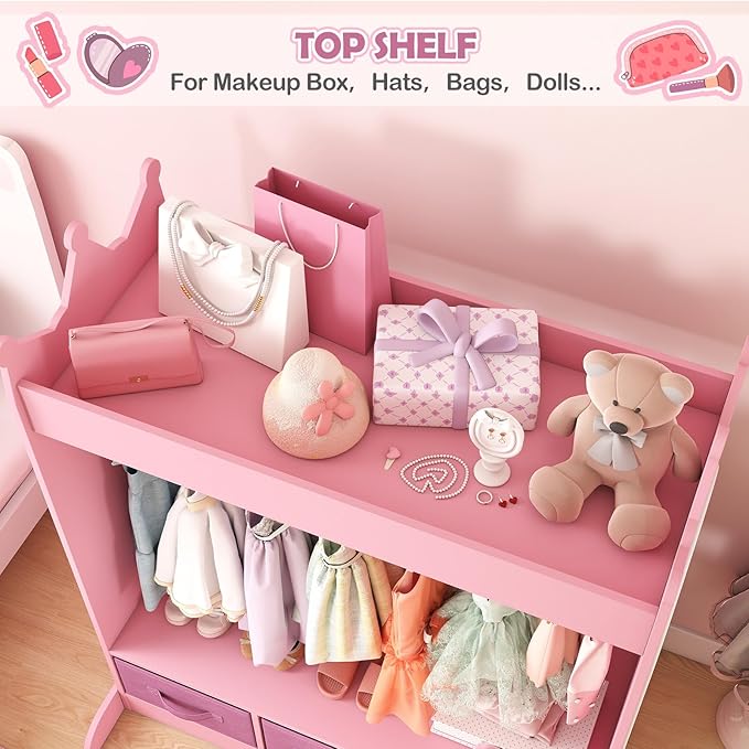 COSVALVE Kids Dress Up Storage with Mirror and Drawers, Kid Armoire Dresser, Pretend Storage Closet for Kids, Costume Wardrobe with Top Shelf for Playroom Bedroom, Lovely Pink