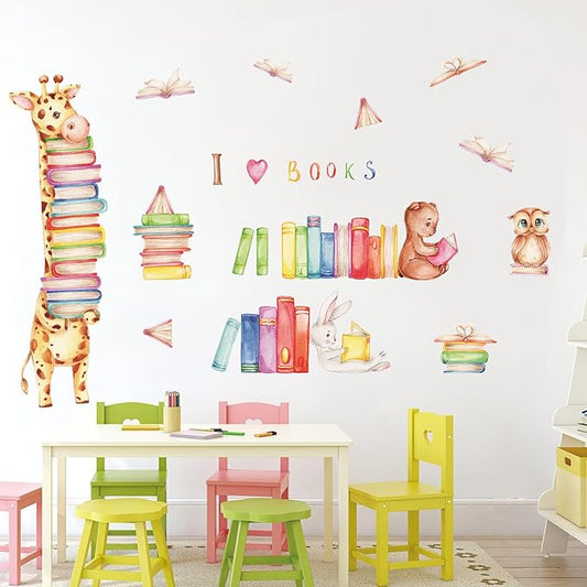 Animals Reading Books Wall Decals Watercolor Large Giraffe Bear Rabbit Owl Read Books Wall Stickers for Kids Bedroom Nursery Playroom Classroom Library Reading Corner Decoration