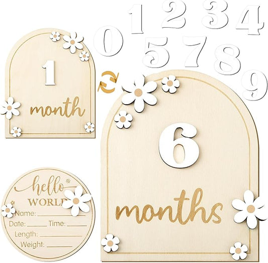 Baby Monthly Milestone Cards with Hello World Newborn Sign, Daisy Baby Milestone Signs Baby Monthly Milestone Wood Discs Baby Announcement Sign for Baby Growth Photo Props