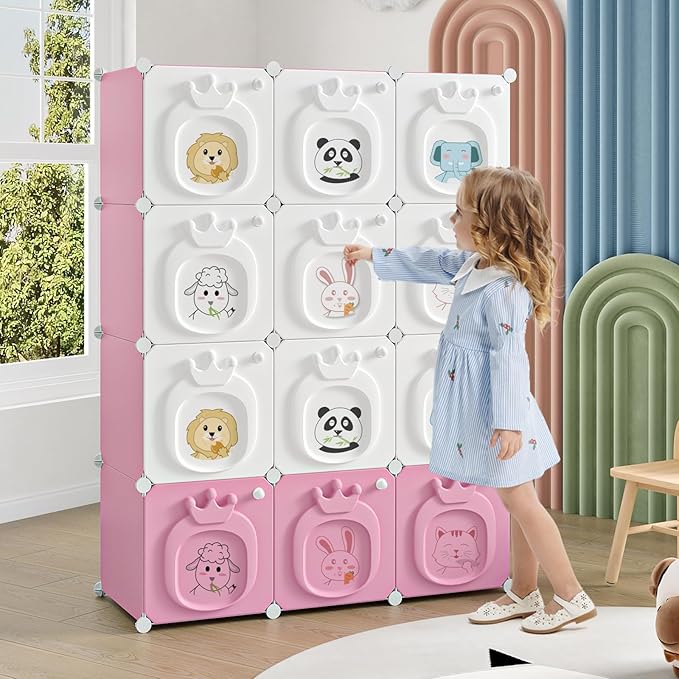 MAGINELS Kids Wardrobe Closet,Baby Closet Cabinet with Door.Baby Girls Armoires Organizer for Bedroom.Two Open Hanging Children Costume Area and 8 Cube Stroage.Pink(42x14x56inch)