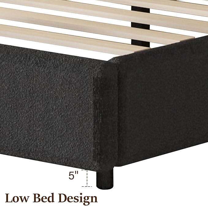 Full Size Bed Fram, Upholstered Platform Bed with Headboard, Boucle Bed Frame with Round Conne, No Box Spring Required, Easy Assembly, Dark Grey