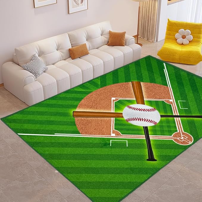 Washable Low Pile Baseball Rug 5x7- Sports Decor for Boys Room, Non-Slip Kids Bedroom Carpet, Durable Baseball Themed Floor Mat