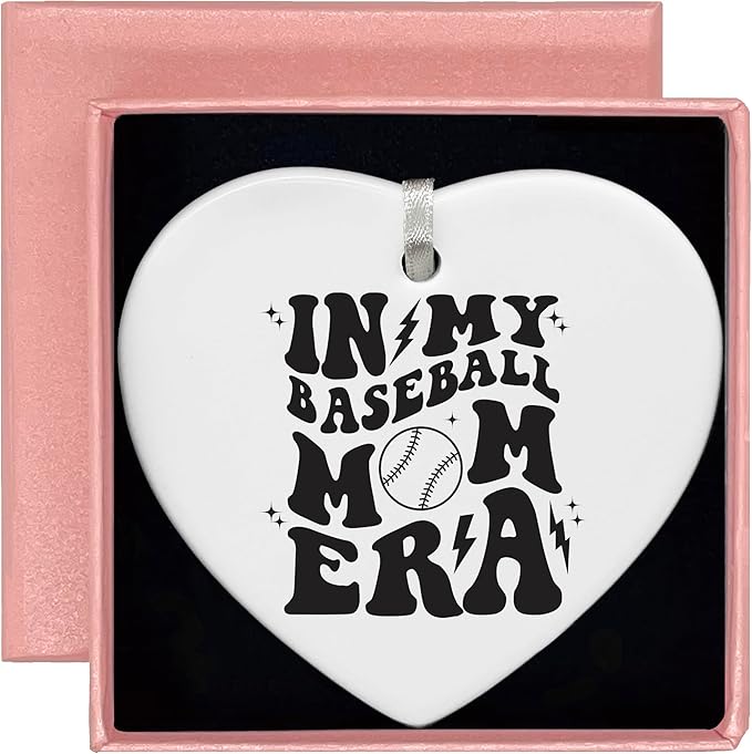 Heart Shaped Christmas Ornament-Baseball Mom Gift-Game Day Keepsake for Mother Mama-Sports Coach Appreciation Present-Birthday or Mother's Day Ceramic Ornament-Home Decor in My Baseball Mom Era