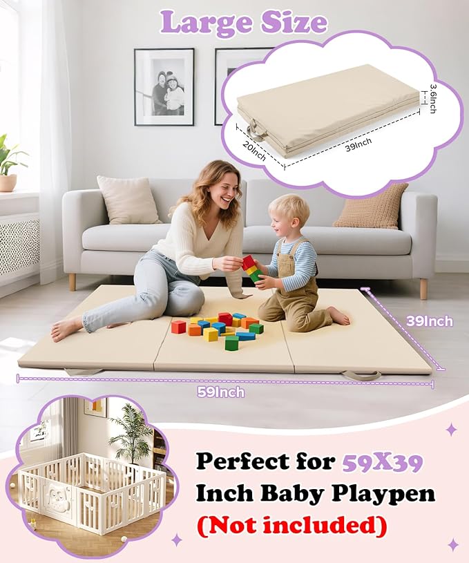 39X59Inch Travel Play Mat for Baby Trifold Thick | Soft Padded Foam Floor Mat for Kids Playroom | Foldable Samll Foam Playmat | Non-Slip Crawling Removable Cover Washable Crawling Playmat Infant