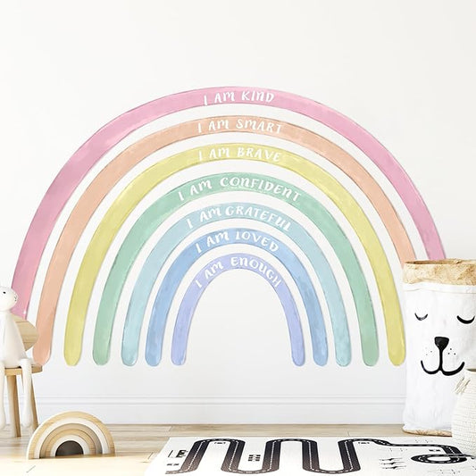 Tinideya 76.77x47.24'' Watercolor Large Rainbow Wall Decal Classroom Wall Decor with Inspirational Quote Peel and Stick Stickers Waterproof Wallpaper for Girls Kids Bedroom Nursery Playroom(Pastel)