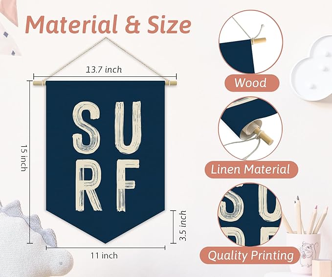 Coastal Beach Surf Room Decor Nautical Linen Canvas Banner, Navy Blue Surf Ocean Wall Hanging Pennant Flag Banner for Home Bedroom Living Room Beach House Decor, 15x11in
