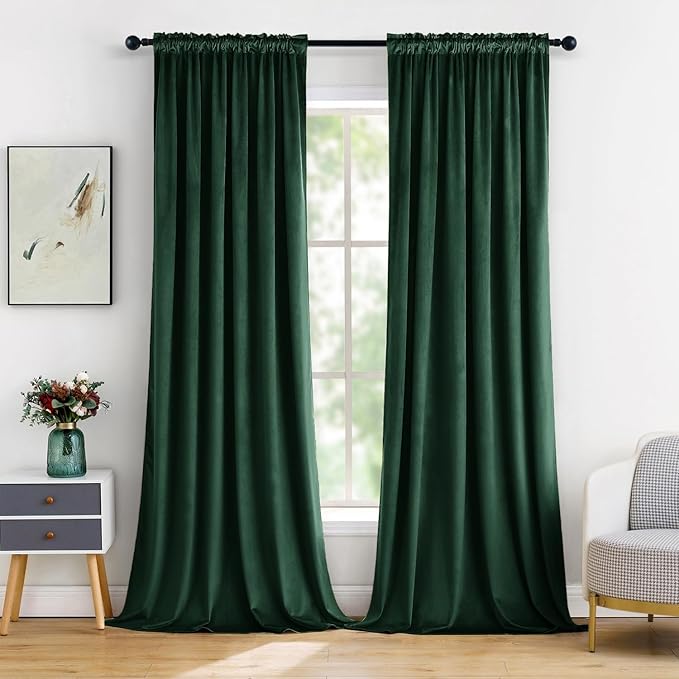 MIULEE Christmas Emerald Green Velvet Curtains Thermal Insulated Blackout Curtain Drapes for Bedroom Living Room Darkening 96 Inches Long Curtains Panels Rod Pocket Set of 2