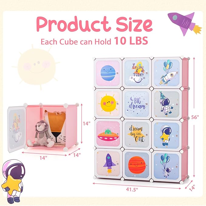 INFANS Children Wardrobe, Kid Closet Portable Baby Dresser Cute for Kids Bedroom Nursery Armoire with Doors 12 Cube 2 Hanging Sections, Kid Clothes Storage Organizer (Pink, 12 Cubes)