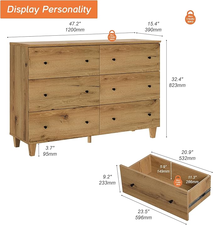 WAMPAT Dresser with 6 Drawers for Bedroom, Wooden Kids Dressers with Wide Chest of Drawers, Modern Closet Storage Organizer Furniture with Solid Wood Legs for Living Room, Hallway, Nursery, Oak Brown