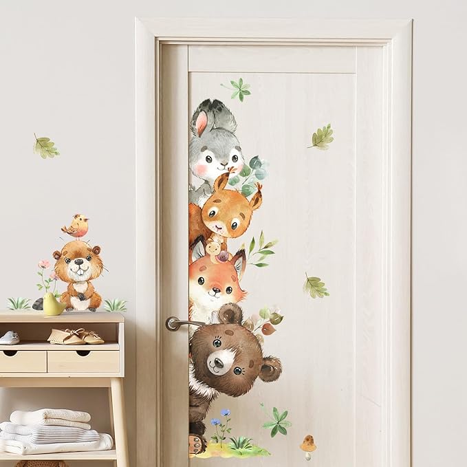 Tanlaby Jungle Animals Wall Stickers Cartoon Woodland Animal Wall Decals Bear Fox Forest Self-Adhesive Mural Removable Wall Art Sticker for Baby Nursery Kids Bedroom Playroom Daycare Classroom Decor