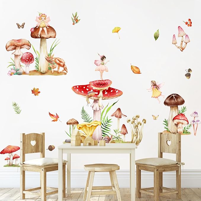 Supzone Woodland Mushroom Wall Decals Elf Flower Fairy Wall Stickers Peel and Stick Vinyl Wall Art Decals for Girls Bedroom Living Room Baby Nursery Wall Decor