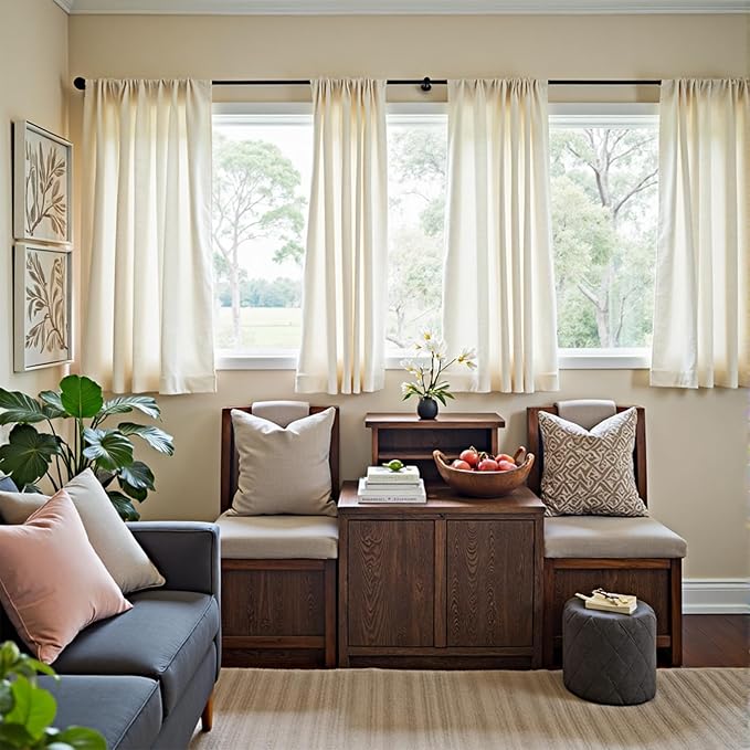 jinchan Linen Blend Curtains 63 inch Length 2 Panels for Bedroom Living Room, Semi Sheer 50 inch Wide Farmhouse Cottage Core Style Drapes with Rod Pocket Back Tab(50W x 63L, Ivory)
